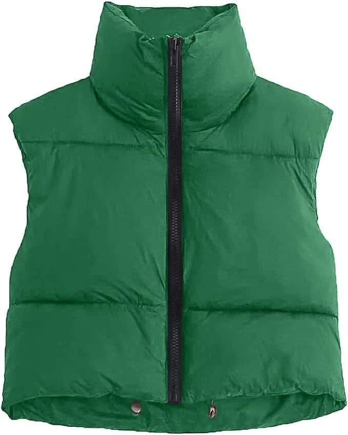Women's Short Quilted Down Vest – Warm Stand-Up Collar, Sleeveless Cotton Jacket for Autumn & Winter