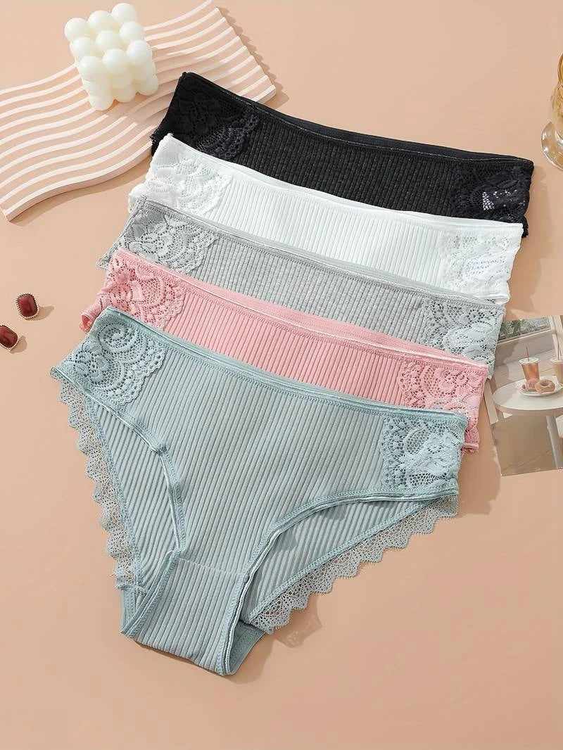 5PCS Set Women's Cotton Panties – Sexy Lace Briefs, Ribbed Lingerie, Hollow Out Design, Low Rise Underwear