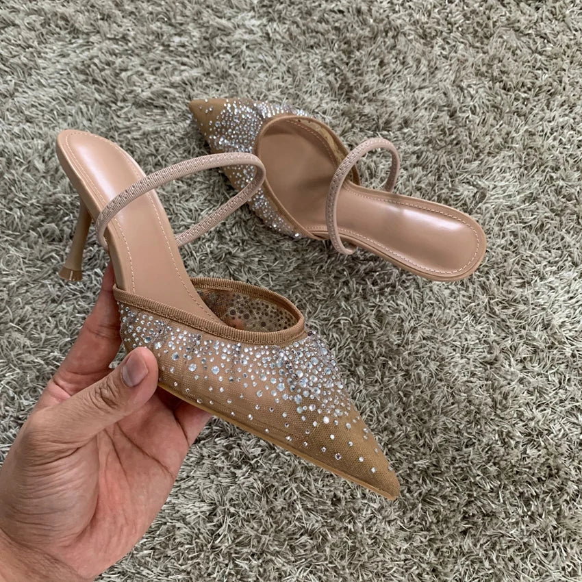 Summer Women's Sandals – Rhinestone Mesh High Heels, Elegant Slingback Pointed Slip-On Party Pumps