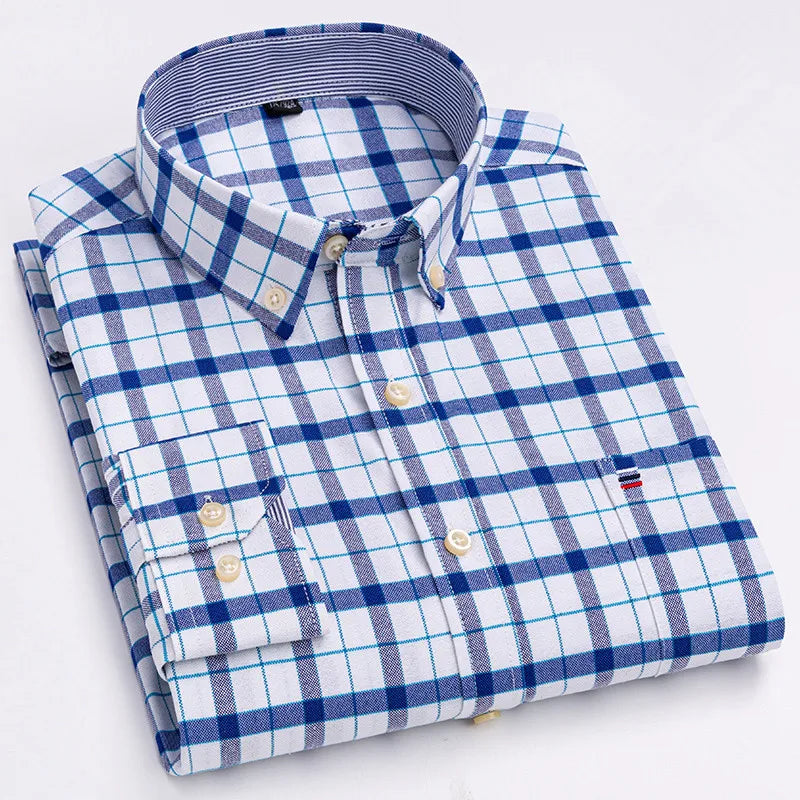 Men's 100% Cotton Shirt – Long Sleeve Plaid Oxford, Solid Color, Regular Fit Formal Dress Shirt, Available In Oversized