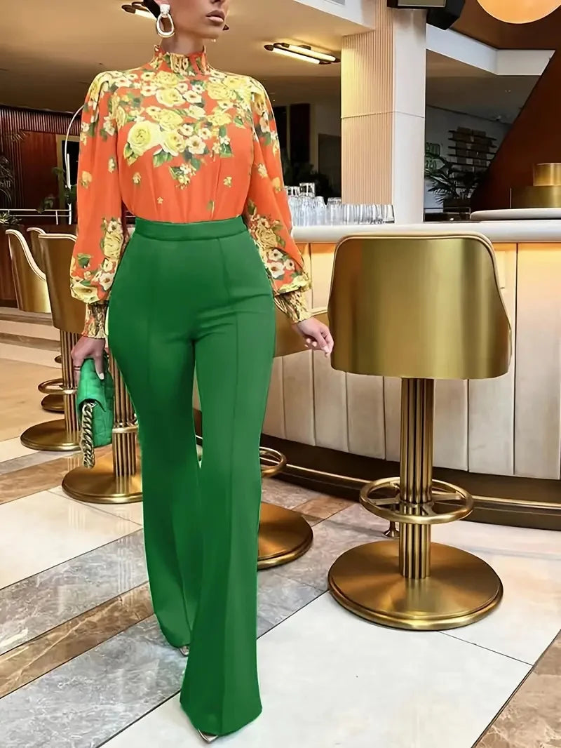 Women's Slim Bell-Bottoms Trousers – Trendy, Spring Autumn, Office Lady, Solid Color, Flared Design