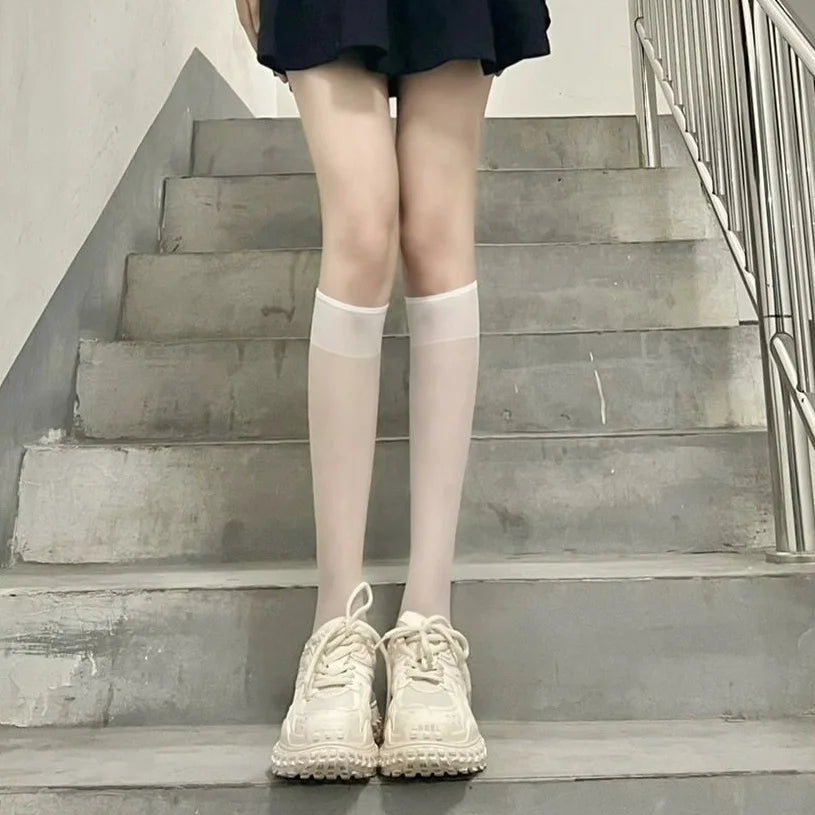 4 Pairs Summer Thin Stockings – Women Lolita Long Socks, Knee High, Fashion Cosplay, Sexy, Nylon, Transparent