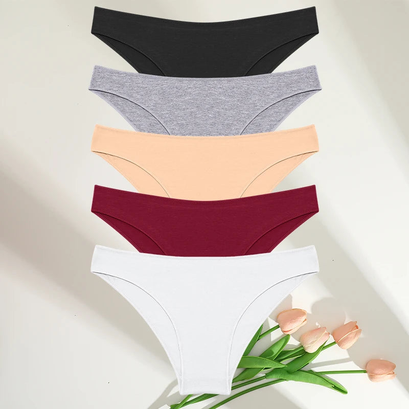 5PCS Set Women's Cotton Panties – Sexy Lingerie, Soft Underwear, Comfortable Briefs, 7 Solid Colors
