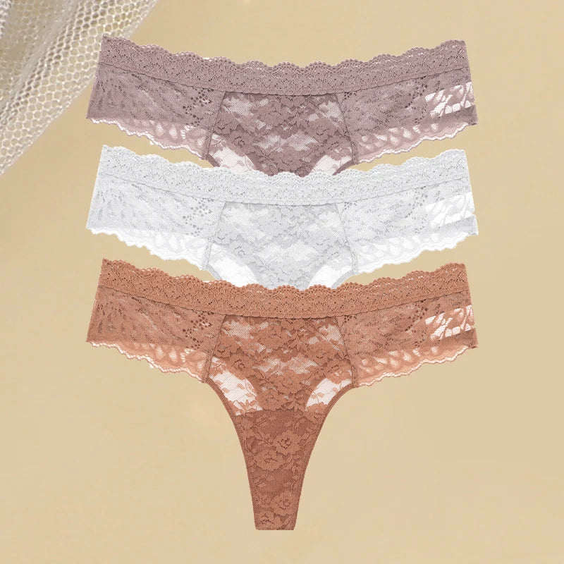 3PCS Lace Hollow Out Thong Panties – Sexy Floral Print, Solid Color, Low Waist, Breathable G-String Lingerie