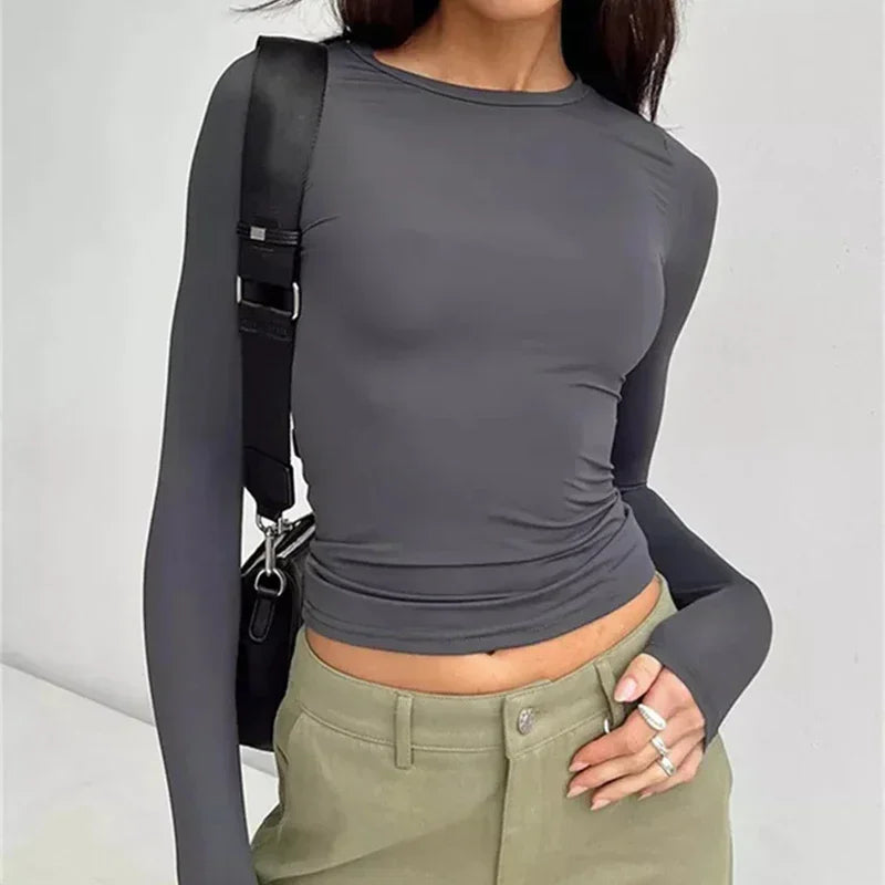 Women's Long Sleeve T-Shirt – Slim Fit, Solid Color Pullover, Basic Y2K Streetwear for Spring & Autumn