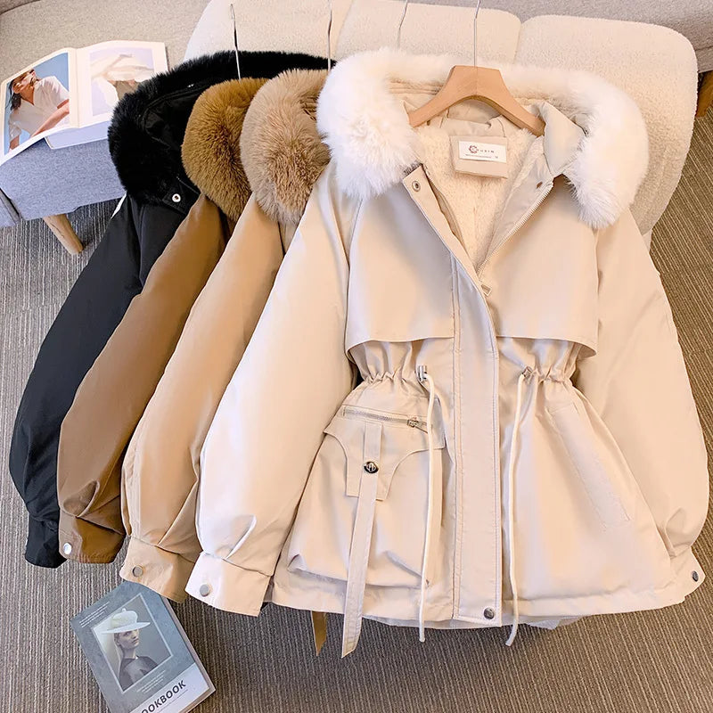 Women's Fleece-Lined Hooded Down Jacket – Warm Drawstring Puffer Parka, Korean Casual Streetwear