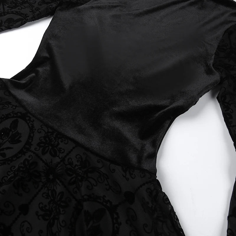 Gothic Long Sleeve Ruffle Mini Dress Women's Vintage V Neck Velvet Stretchy Bodycon Cocktail Dresses Victorian Blouse