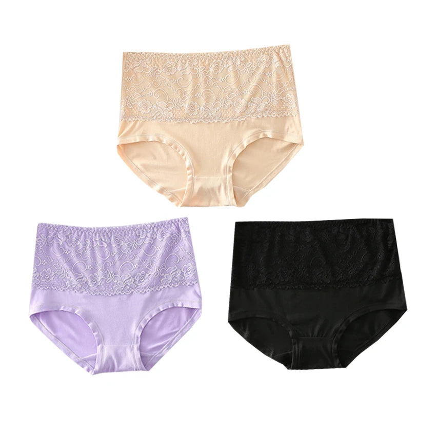 3PCS High Waist Women's Panties – Large Size, Breathable Cow Milk Silk, Lace Briefs, Sexy Female Lingerie