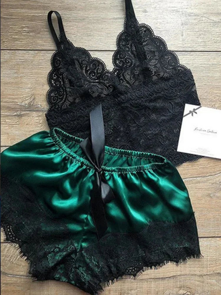 2PCS Pajamas Set for Women – Sleepwear Sexy Lingerie, Lace Silk Crop Tops and Shorts Sets, Casual Nightwear Pijamas