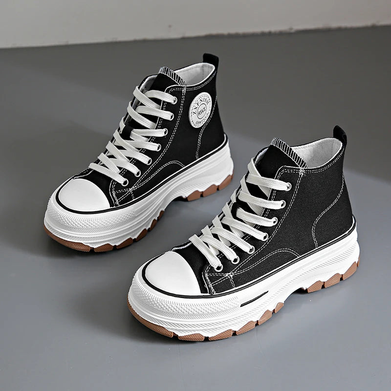 Women’s High Top Canvas Sneakers - Lace-Up, Non-slip, Wear-Resistant, Spring Platform