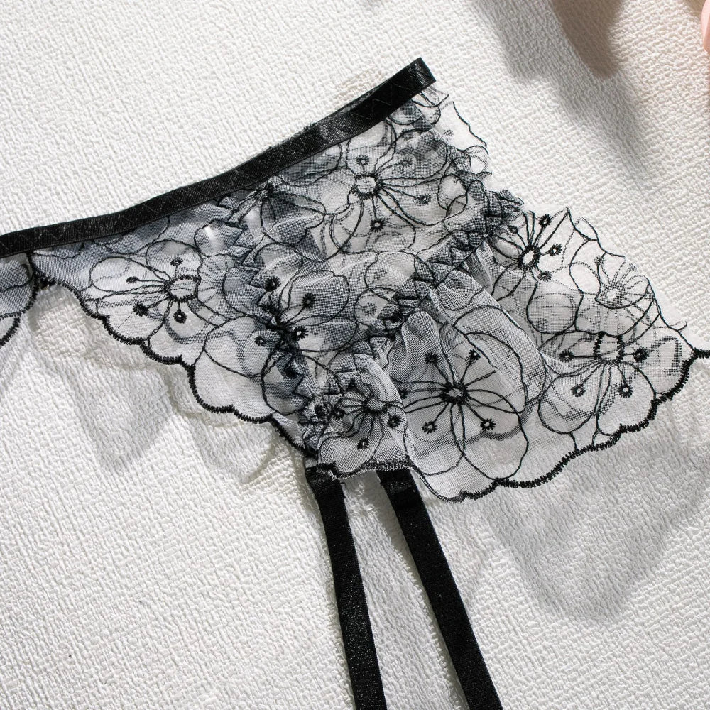 Floral Embroidery Erotic Set – Women's Transparent 3PCS Lingerie Set with Garter, Available in 3 Colors