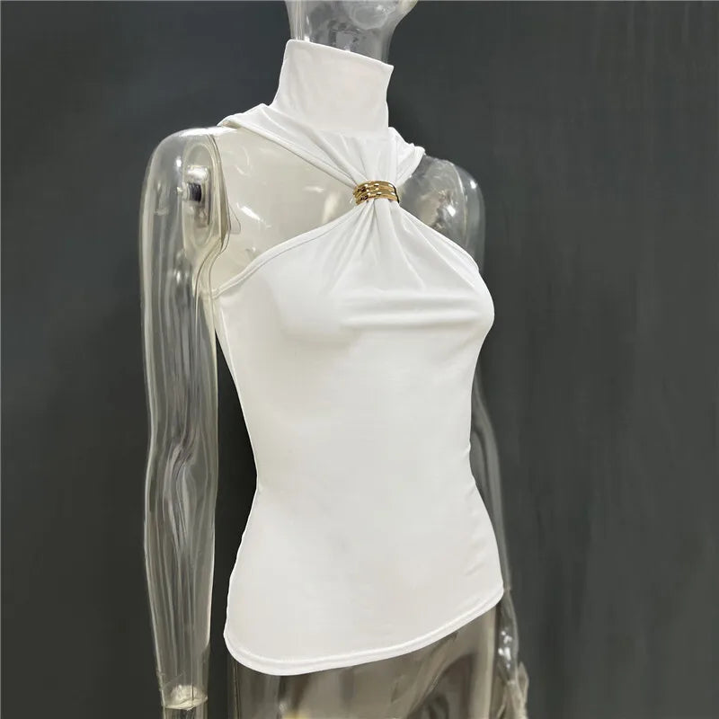 Turtleneck Basic Knit Tank Top – Sleeveless, Metal Ring Detail, Pullover, Skinny Fit, Y2K Style, Cropped, Women's Fashion