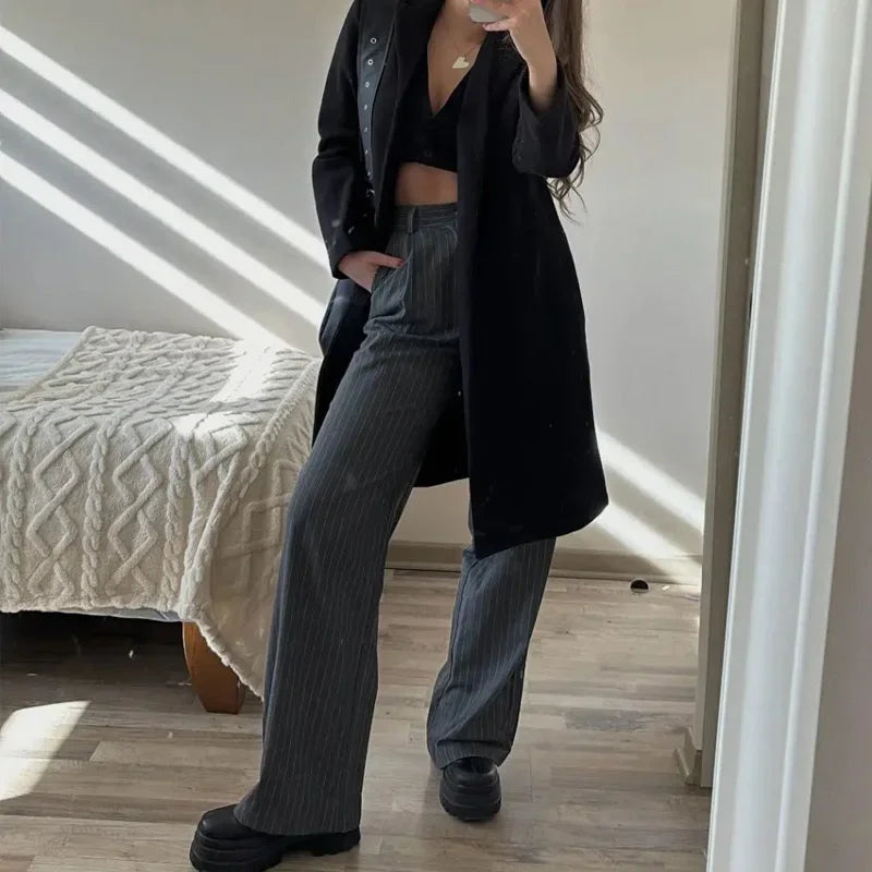 Women's Formal Pants – Office Wear, Striped Design, Grey/Black, High Waist, Baggy Fit, Suit Style, Casual Wide Leg