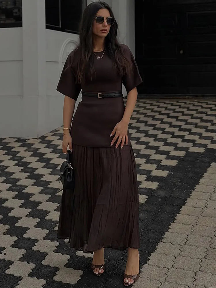 Chic Splicing Brown Maxi Dress – Half Sleeve, Pleated A-line, Slim Fit, Casual Office Commute Streetwear