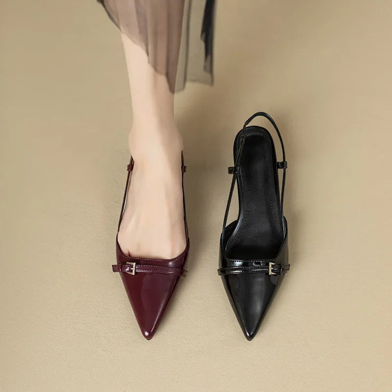 Summer French Wine Red Pointed Patent Leather Mid-Heel Sandals – Retro Skinny Heel, Open Back Shoes for Women
