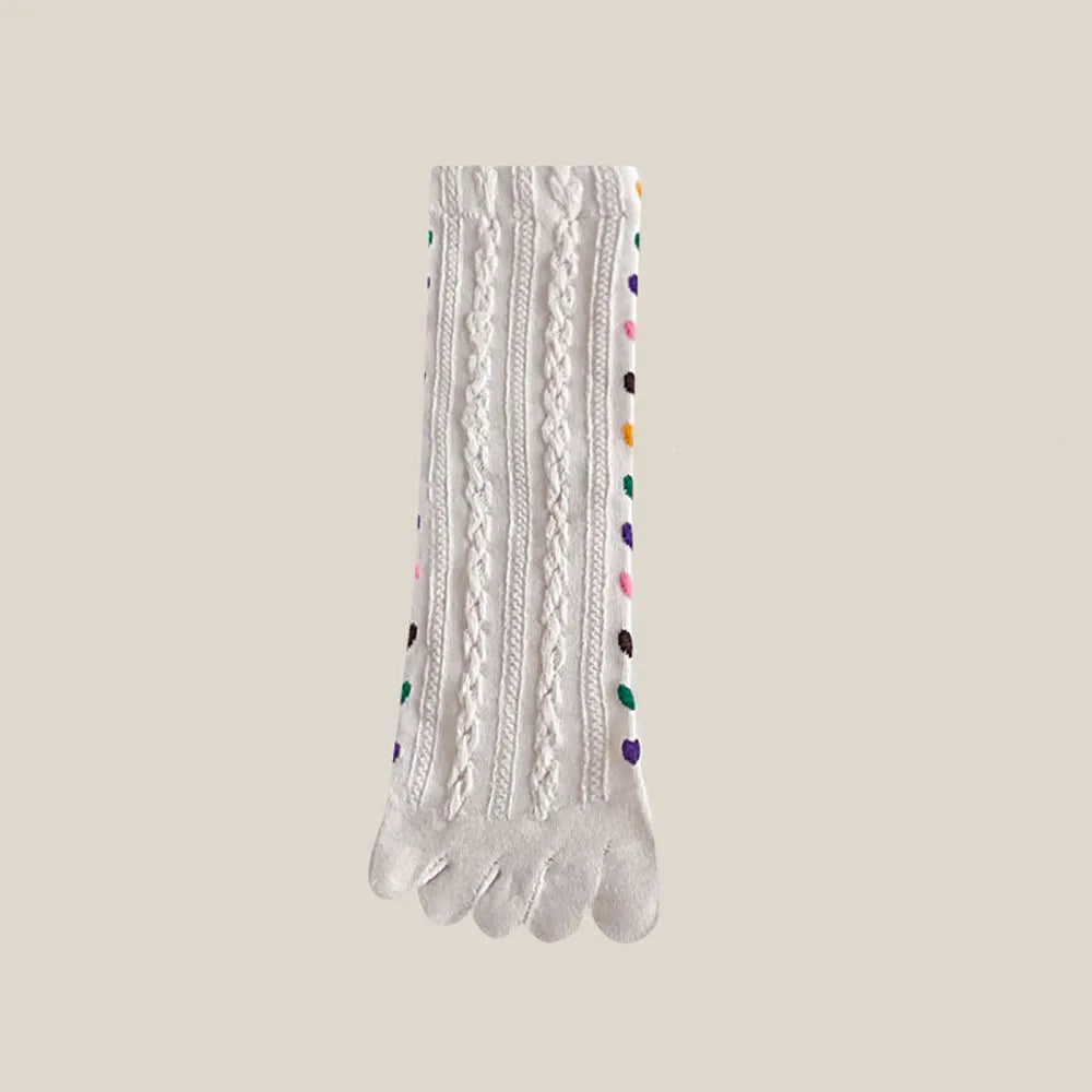 Colorful Heart Braid Five Finger Socks for Women – Spring Autumn, Middle Tube, Cotton, Breathable, Crew Socks, Streetwear