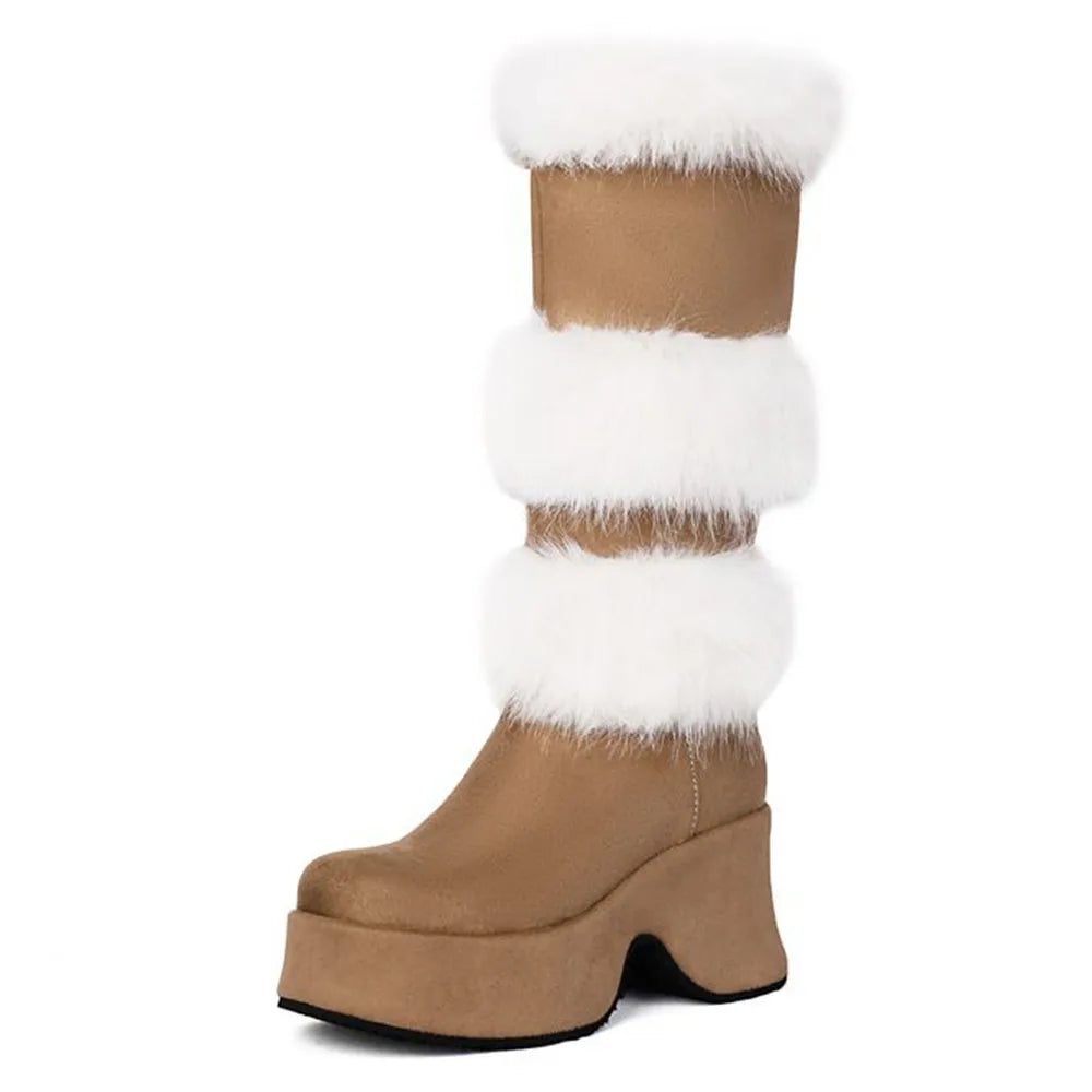 Platform Furry Boots – Chunky High Heeled Winter Autumn Knee High Boots, Women Faux Fur Zip, Gothic Style Punk Shoes Ladies
