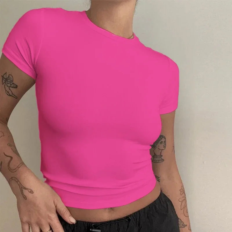 Women's Short Sleeve T-Shirt – Slim Fit, O-Neck, Knitted Sheath, Sporty Streetwear Y2K