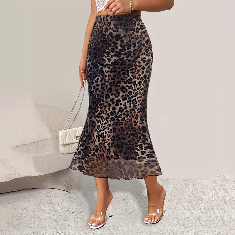 Women's High-Waisted A-Line Skirt – Classic Office Style, Loose Fit, Elegant Leopard Print, Long Skirt