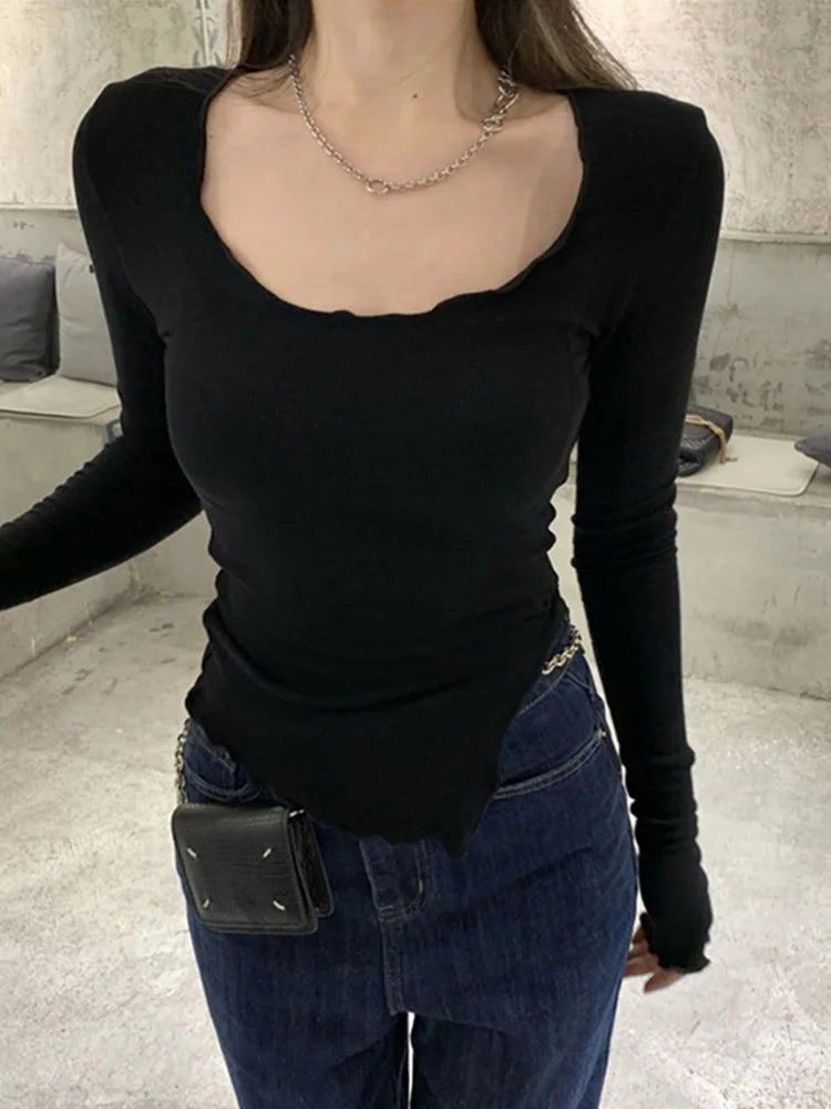 Women's Long Sleeve T-Shirt – Knitted, Slender Fit, Irregular Hem, Chic Ulzzang Autumn Wear