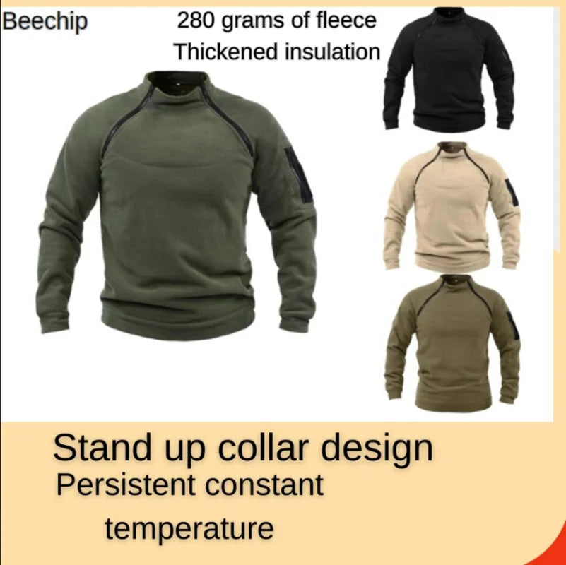 Men's Outdoor Warm and Breathable Tactical Sweater – Zipper Design, Standing Neck, Long Sleeves, Thickened Solid Color
