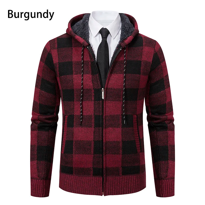 Men's Cardigan – Fashion Plus Velvet Padded Knit Jumpers, Male Sweater, Hooded Plaid Korean Luxury Brand Coat