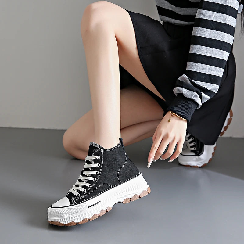 Women’s High Top Canvas Sneakers - Lace-Up, Non-slip, Wear-Resistant, Spring Platform