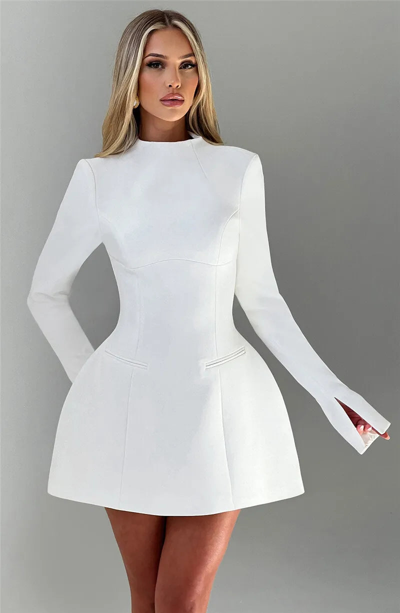 Mozision Long Sleeve Backless Mini Dress – O-Neck, High Waist, A-Line, Elegant Club Party Dress for Women
