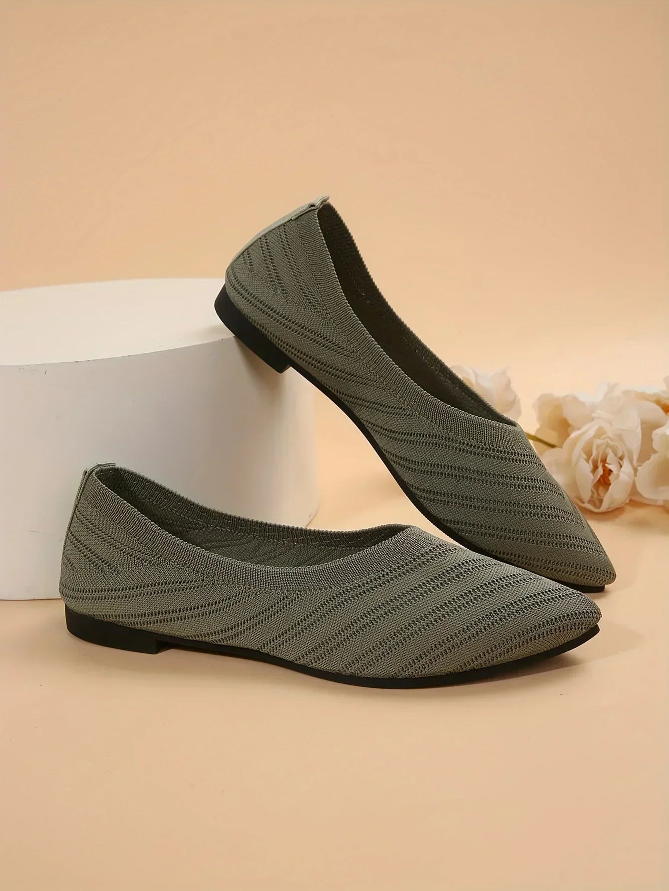 Pointed Toe Flats - Solid Color Knitted Slip-On Office Shoes, Casual Ballet Flats, Women's Loafers, Zapatos de Mujer