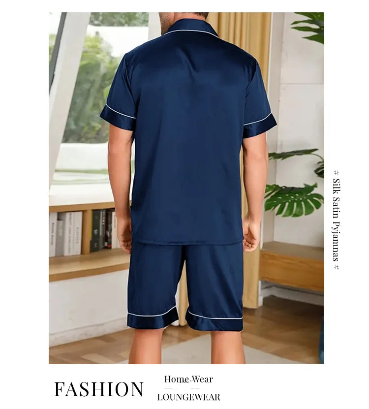 Men's Summer Pajamas Set – Short Sleeve, Button-Down Shirt with Pocket, Matching Shorts, Comfortable Loungewear Sleepwear