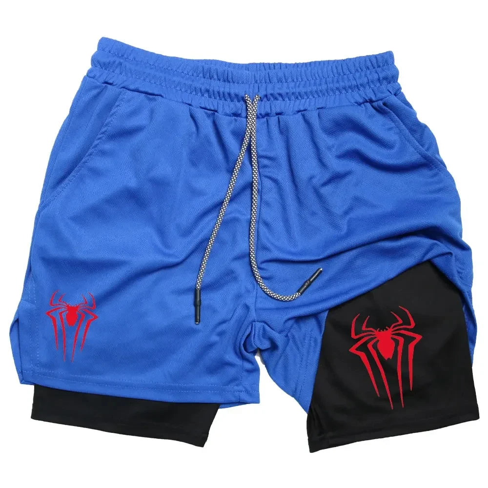 Y2K Performance Shorts Men – Spider Printed, Gym Casual Sports, Compression Shorts, Workout, Running, Mesh 2-in-1 Sport Shorts