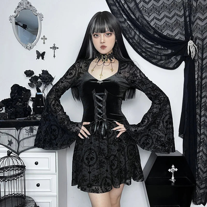 Gothic Long Sleeve Ruffle Mini Dress Women's Vintage V Neck Velvet Stretchy Bodycon Cocktail Dresses Victorian Blouse