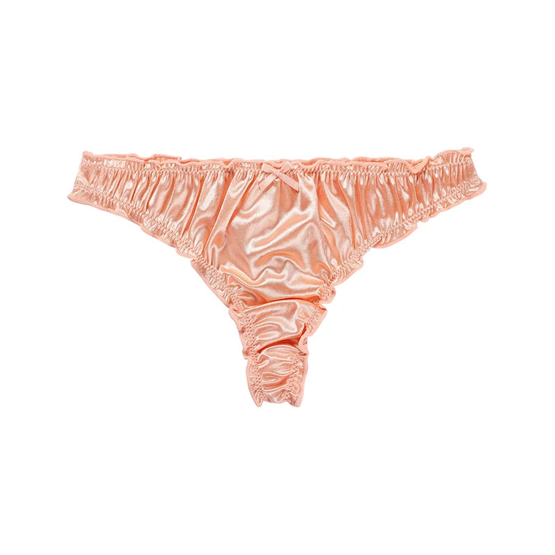 Ladies Frill Trim Satin Panties – 100% Ice Silk, Seamless, No Show, Invisible Briefs, Tanga Style
