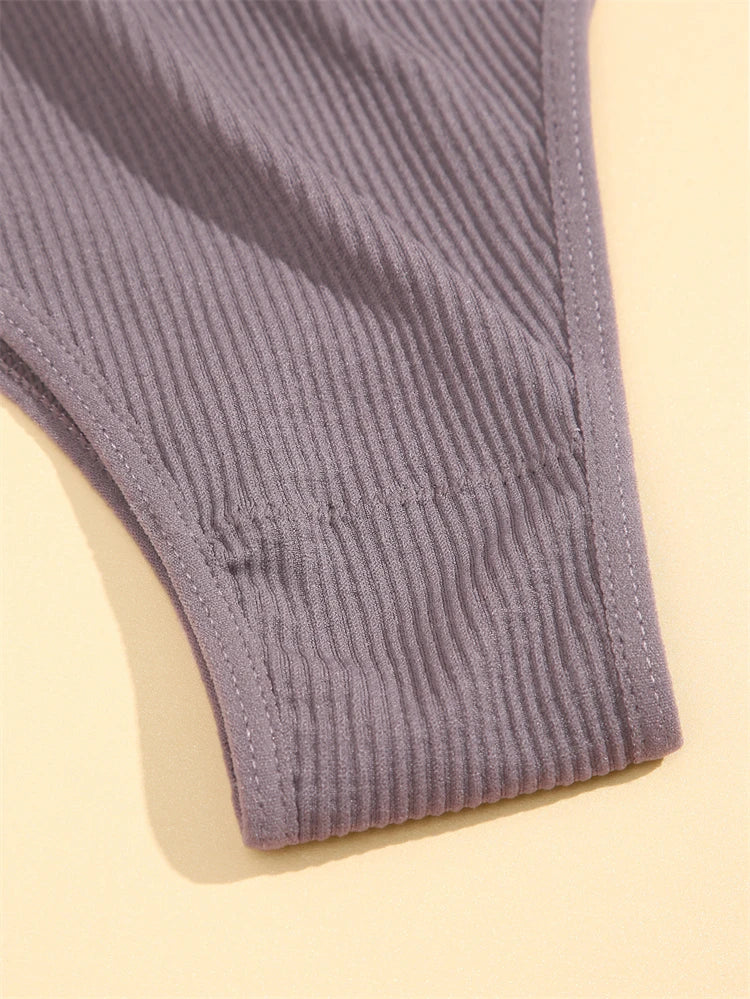 5PCS Seamless Ribbed Striped Panties – Sexy Low-Waist, Brazilian Style, Solid Color, G-String Lingerie