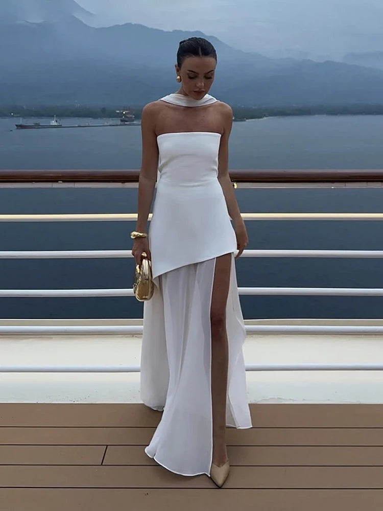 Elegant Strapless Mesh Dress – Ribbon Detail, Sleeveless, Long Beach Vacation Dress, Spring Fashion