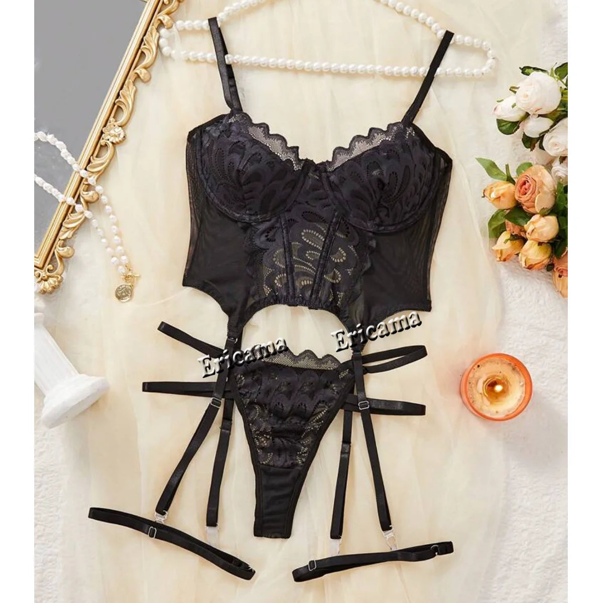 Lace Erotic Lingerie Set – Bow Decor, Strappy, Hollow Out, Bra, Thong & Garter Belt, Sexy Women's Underwear