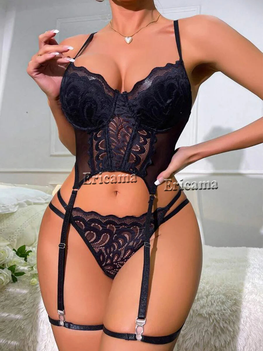 Lace Erotic Lingerie Set – Bow Decor, Strappy, Hollow Out, Bra, Thong & Garter Belt, Sexy Women's Underwear
