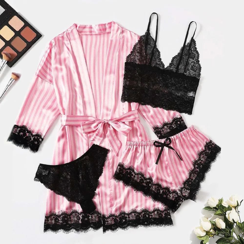 Women Fashion Pajama Print – Sexy Lace Trim Faux Silk Satin Pajama Set Gown, Skin-Friendly Comfort Loungewear, Sexy Pajamas