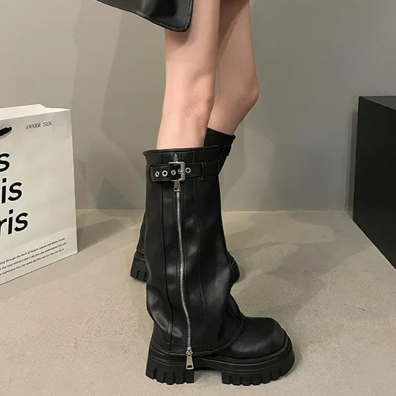Winter Women Biker Boots – Fashion Belt Buckle, Elegant Platform Knee-High Booties for Ladies