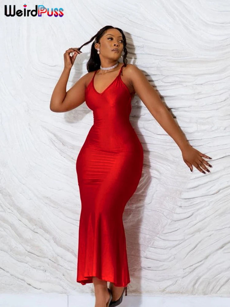 Weird Puss Sexy Backless Maxi Dress – V-Neck, Sleeveless, Elegant Mermaid Bodycon Evening Gown for Banquet & Prom