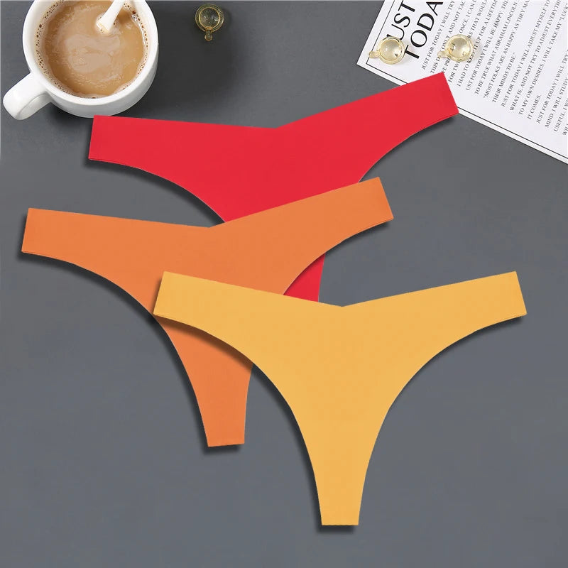 3PCS Women Ice Silk Seamless Thongs – Sexy V-Waist, Low Rise, Sporty, Breathable, 10 Solid Colors
