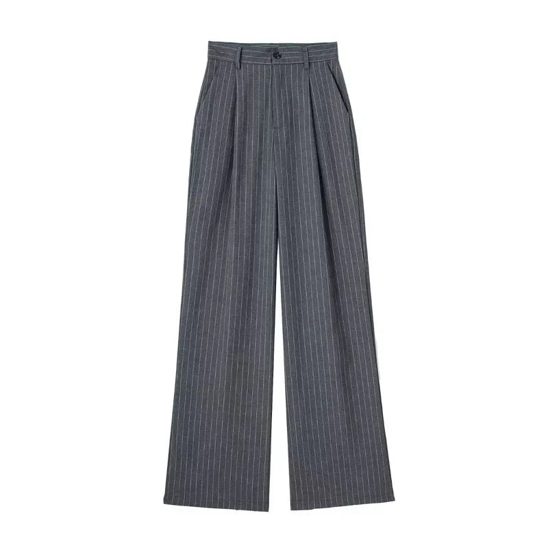 Women's Formal Pants – Office Wear, Striped Design, Grey/Black, High Waist, Baggy Fit, Suit Style, Casual Wide Leg