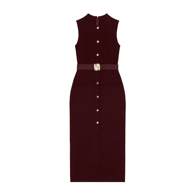Urban Women Single-Breasted Dress – O-Neck, Sleeveless, Pocket Design, Mid-Length, Spring/Summer, Solid Color, Elegant Lady Robe