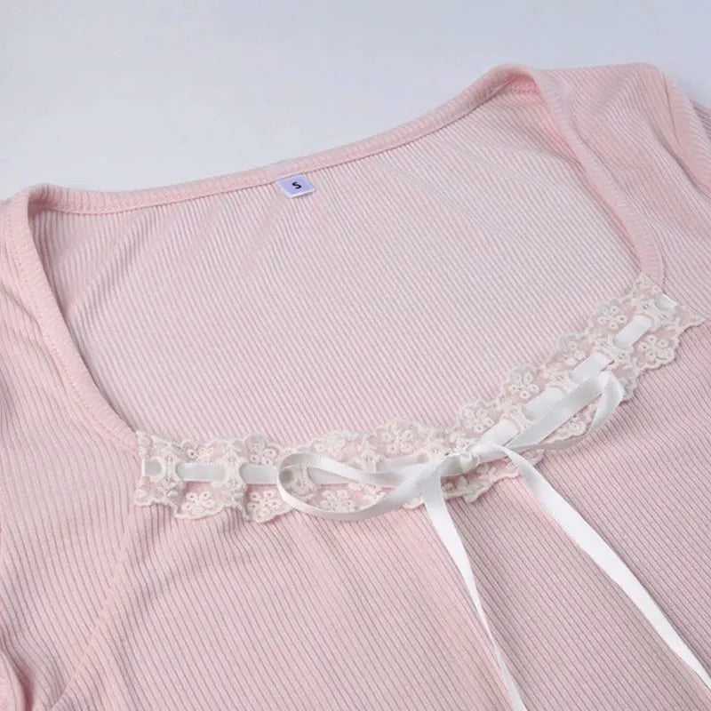 Cute Bandage Bow Cropped Top – Pink Coquette Y2K Square Collar Tee for Spring & Fall