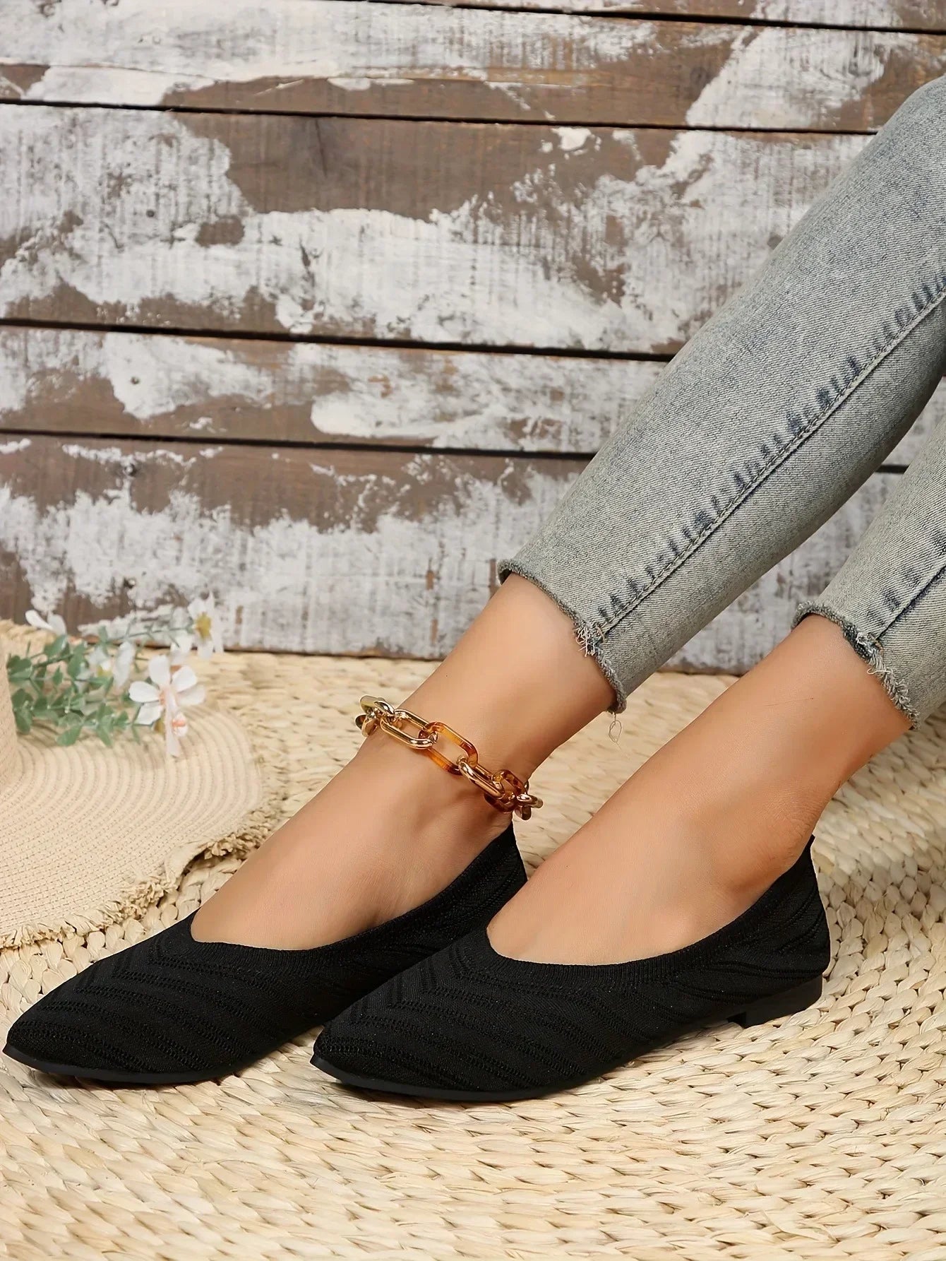 Pointed Toe Flats - Solid Color Knitted Slip-On Office Shoes, Casual Ballet Flats, Women's Loafers, Zapatos de Mujer
