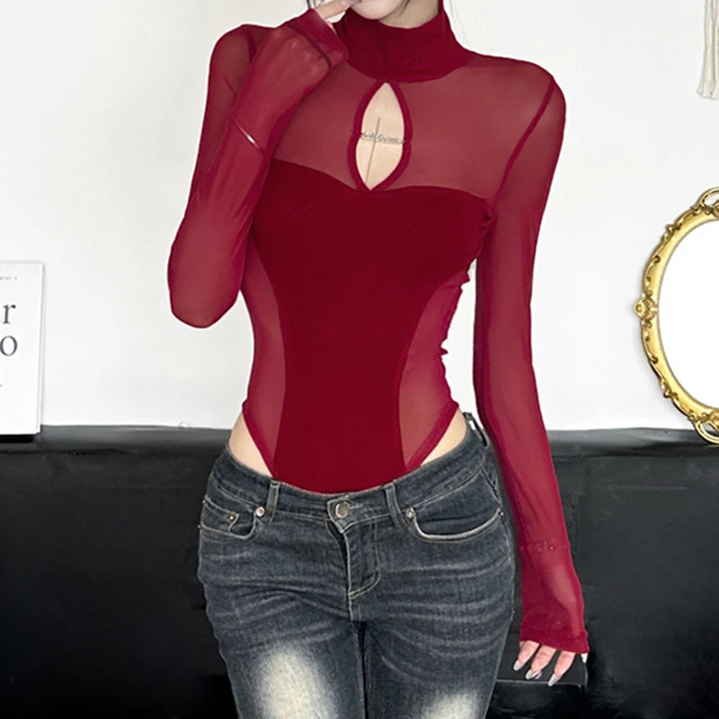 Hollow Out Mesh Bodysuit – Slim-Fit, Turtleneck, Long Sleeve, Korean Chic Elegance