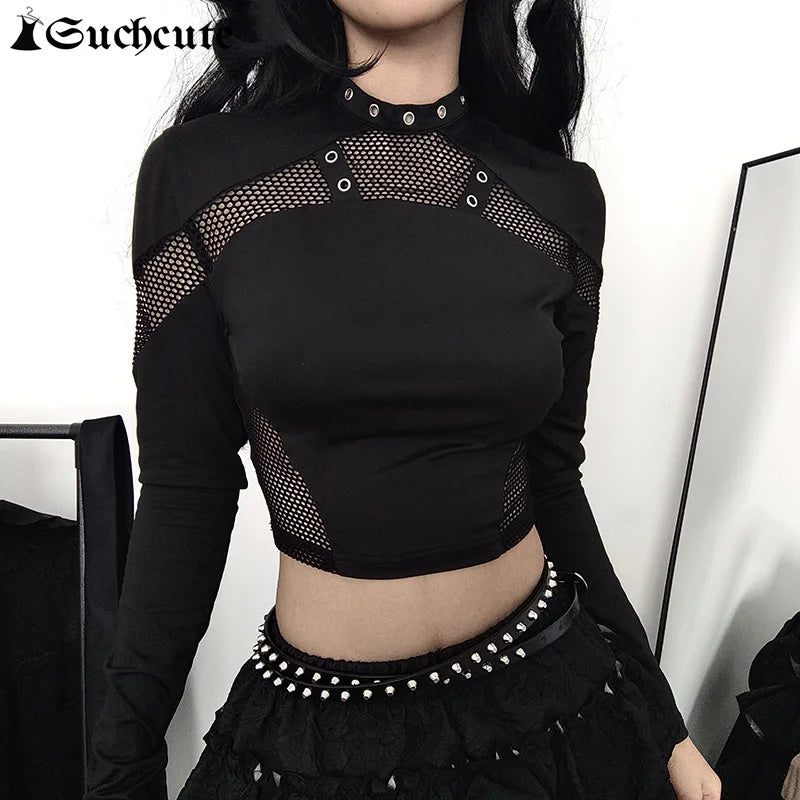 Goth Mesh Patchwork Crop Top – Sexy Hollow-Out, Long Sleeve, Eyelet Detail, Punk Style, Slim Fit Streetwear Tee