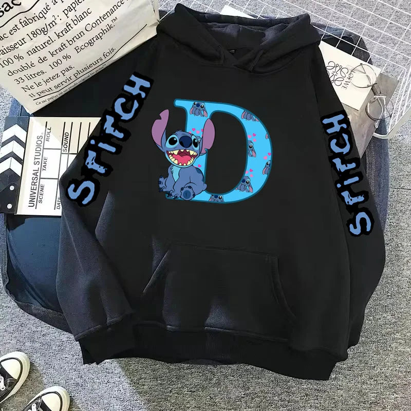 Women's Winter Disney Hoodie – Cute Kawaii Lilo & Stitch, Lucky Letter Print, Black, Fashion Couple Streetwear (Big Size)