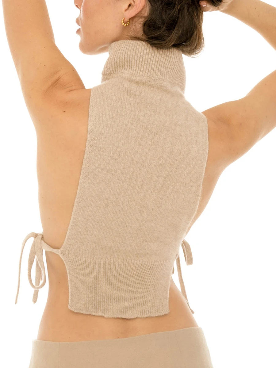 Women's Knit Turtleneck Tank Top – Solid Color, Sleeveless, Side Knot, Slim Fit, Sweater Vest, Sexy, Streetwear, Basic Crop Top