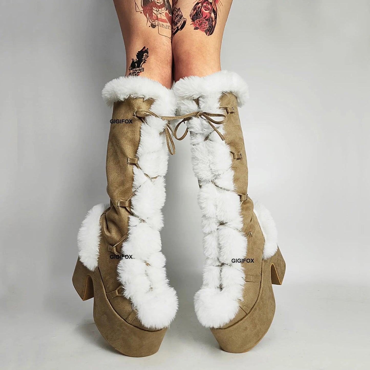 Platform Furry Boots – Chunky High Heeled Winter Autumn Knee High Boots, Women Faux Fur Zip, Gothic Style Punk Shoes Ladies